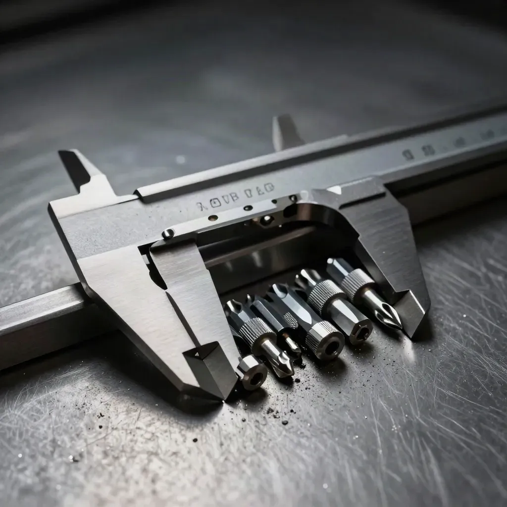 Steel calipers, torx bits, and sorted fasteners on brushed aluminium with dramatic side light.