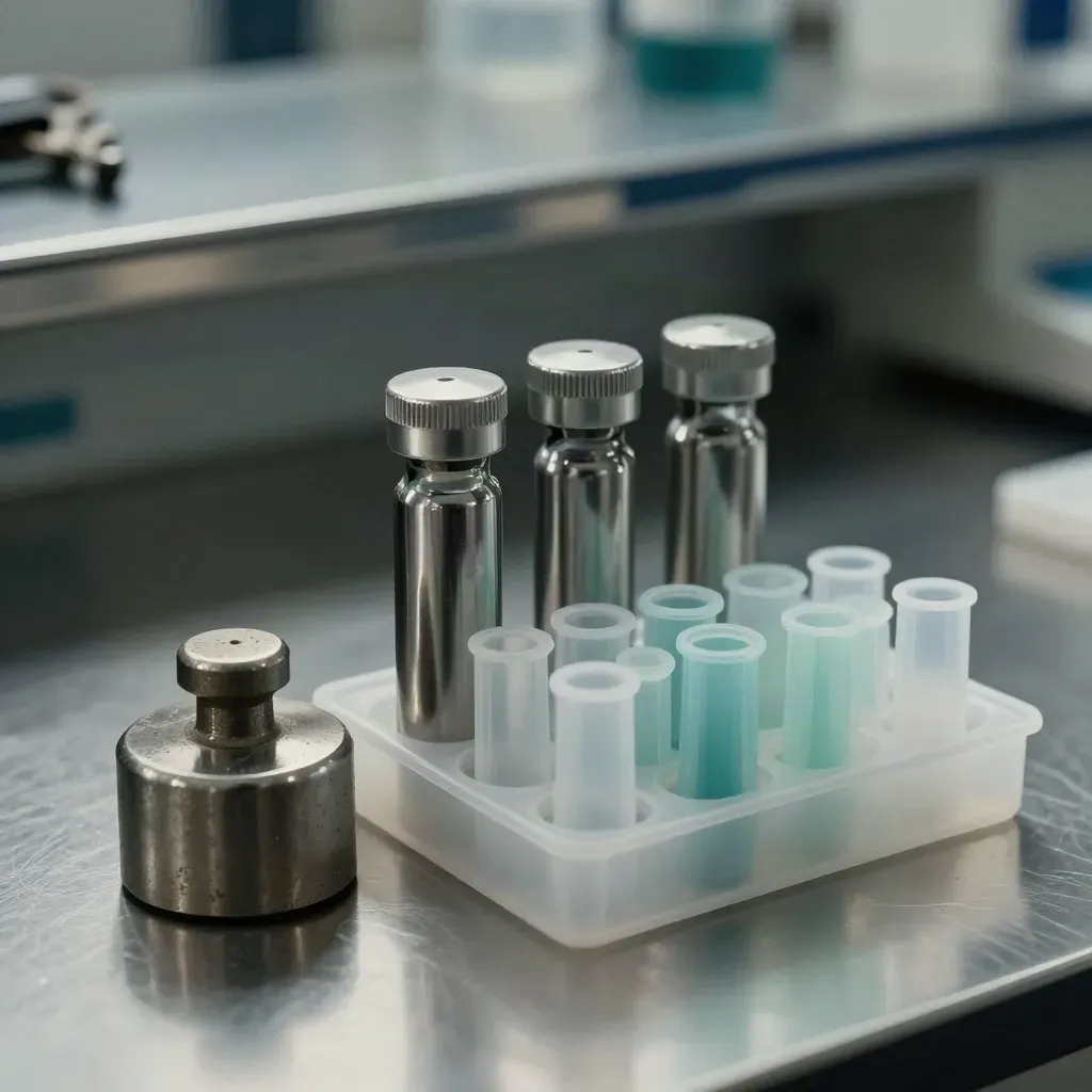 Lab vials, pipette tips, and a weight in a frosted tray on steel, lit dramatically.