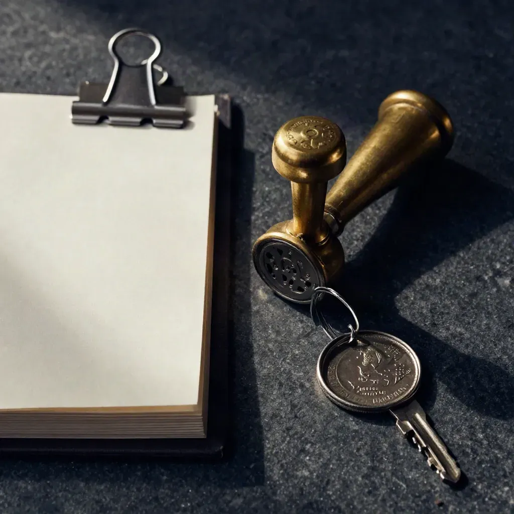 Brass seal, ledger clip, coin tray edge and key ring on dark stone, top-down.