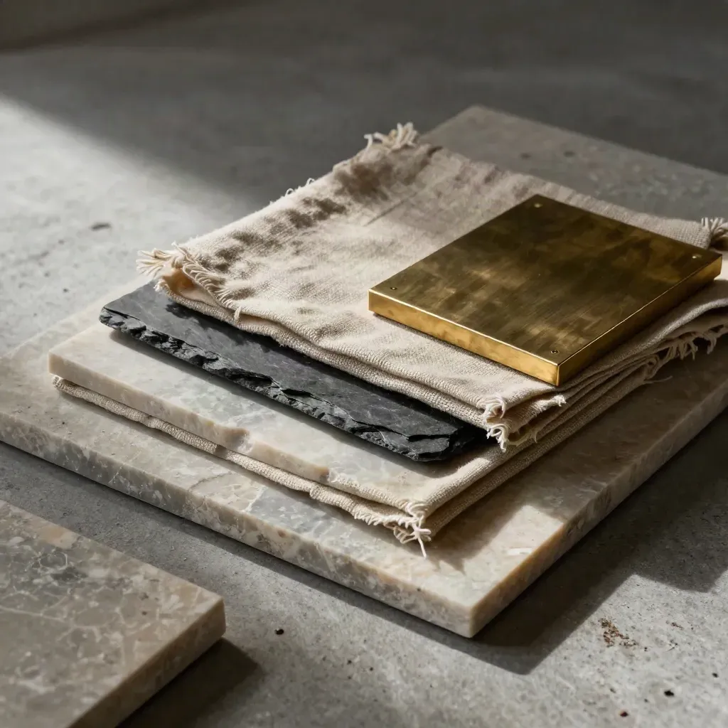 Architect's stone, linen, and brass material samples stacked on concrete under soft light
