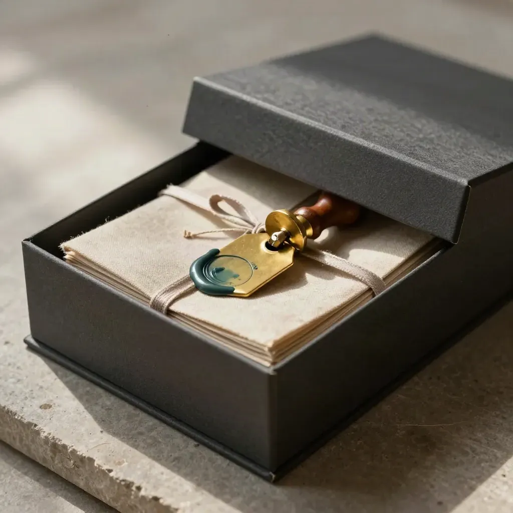 Open archival box with ribbon-tied files, brass tag, and wax seal stamp on stone.