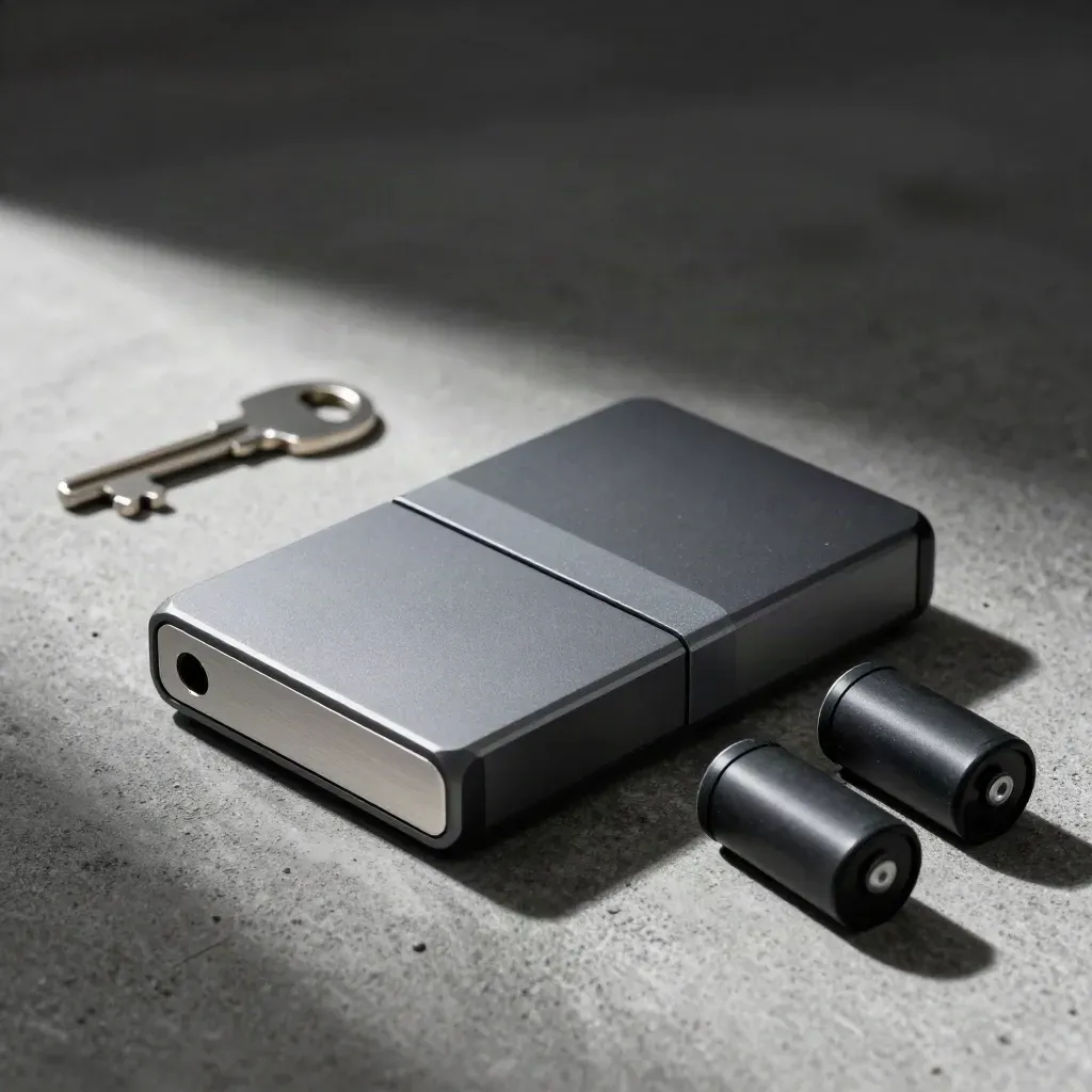 Macro of a sealed encrypted drive with two backup cartridges on concrete