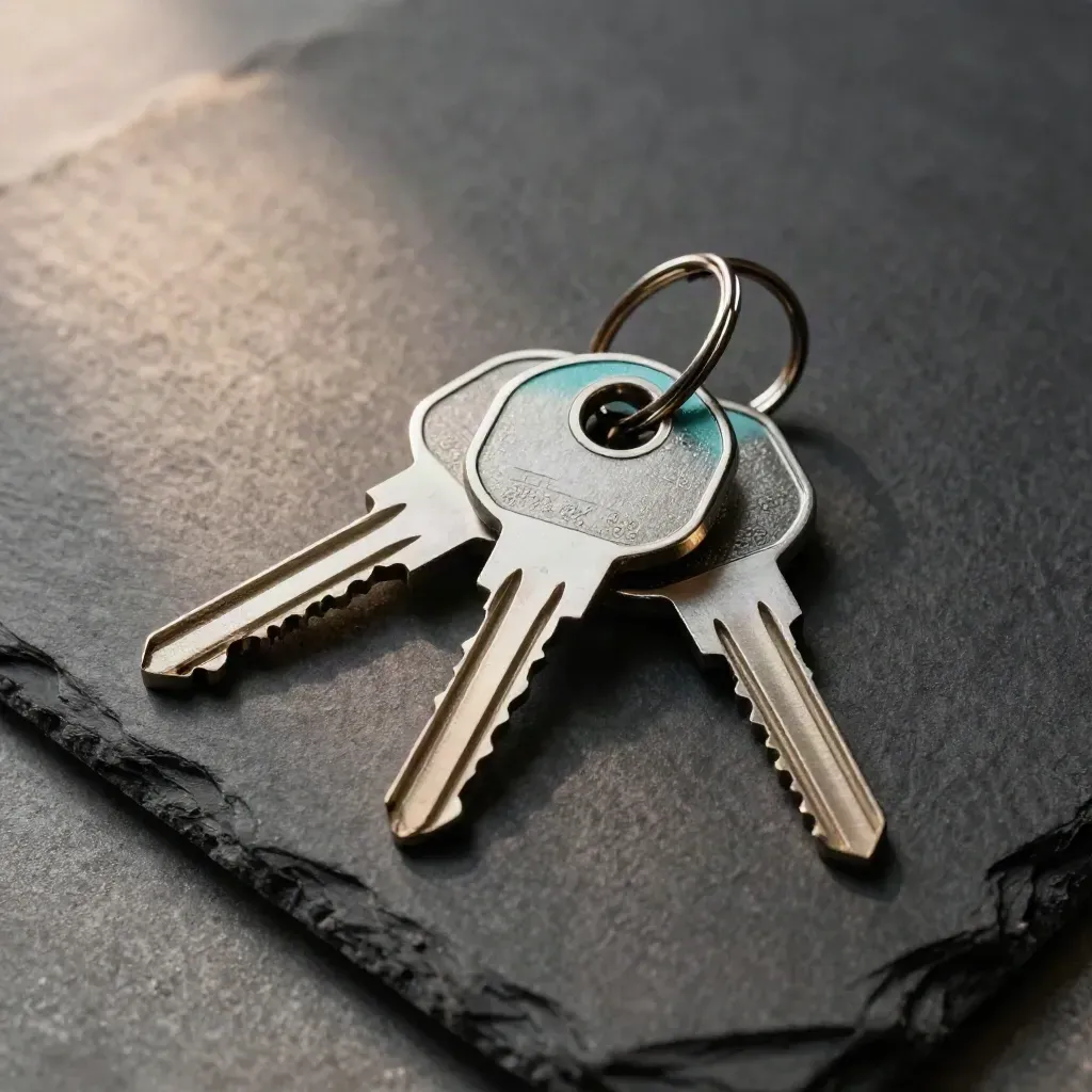 Brushed security keys and blank fobs arranged top-down on graphite slate with a teal accent.