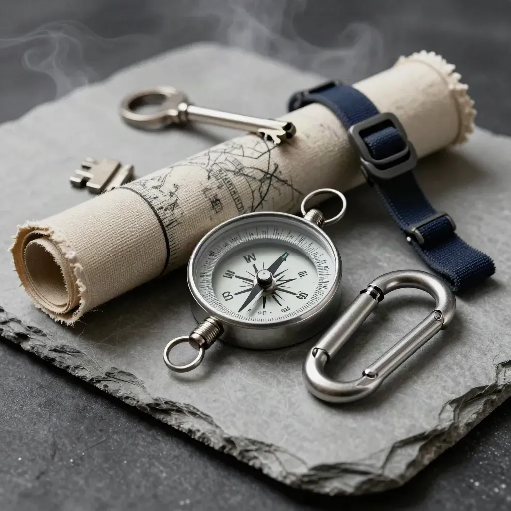 Survey compass, map tube, carabiner, and buckle hardware on pale slate in dramatic mist