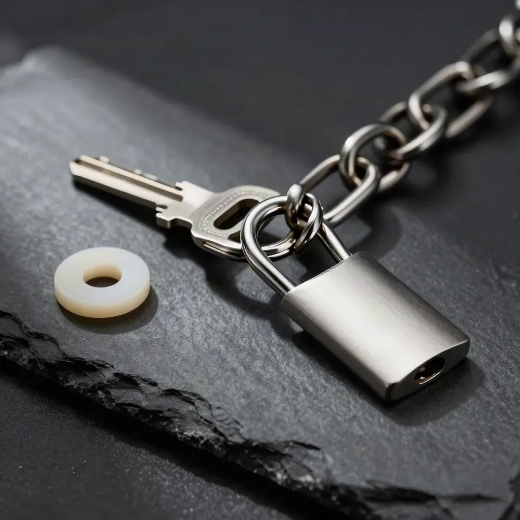 Close-up of linked stainless key rings, a lock tag and clasp on dark stone with smoke haze