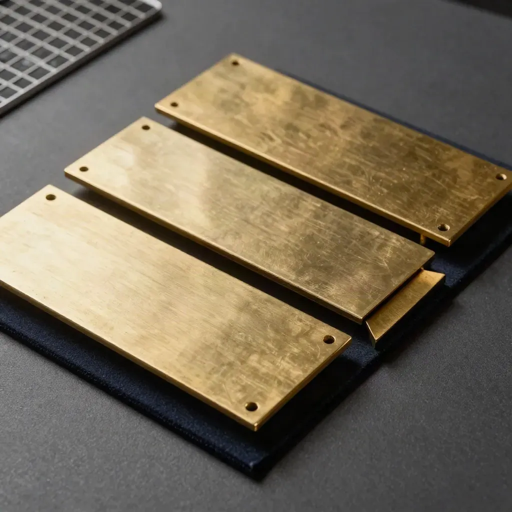 Brass access plates and dividers sorted into tiers on a graphite surface