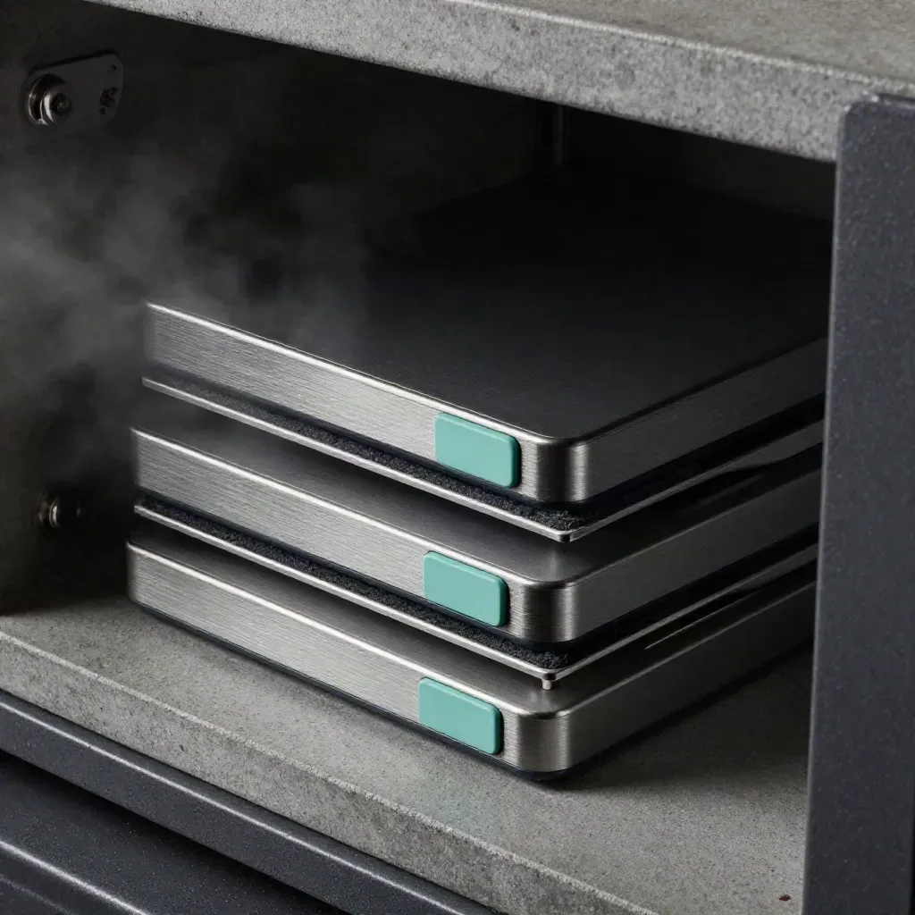 Three encrypted backup cartridges in a steel redundancy tray under dramatic vault light