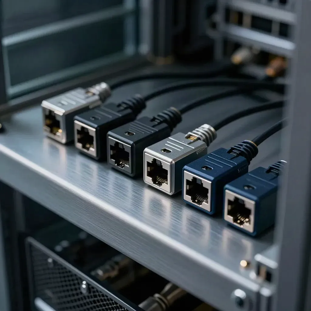 Server-room cart with security keys, keystone modules and RJ45 couplers seen through frosted glass.