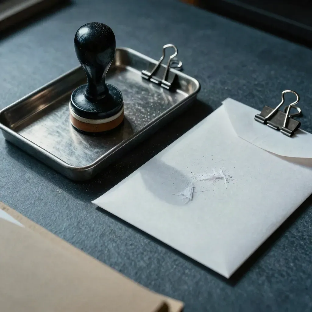 Finance still life with stamp, receipt tray, ledger clips, and cash envelope.