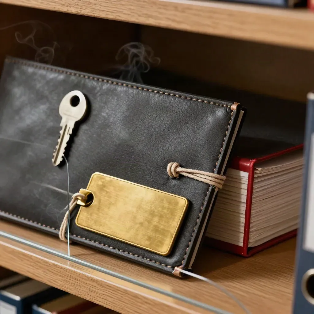 Sealed evidence wallet, brass archive tag, binder clip, and archive box in dramatic low light