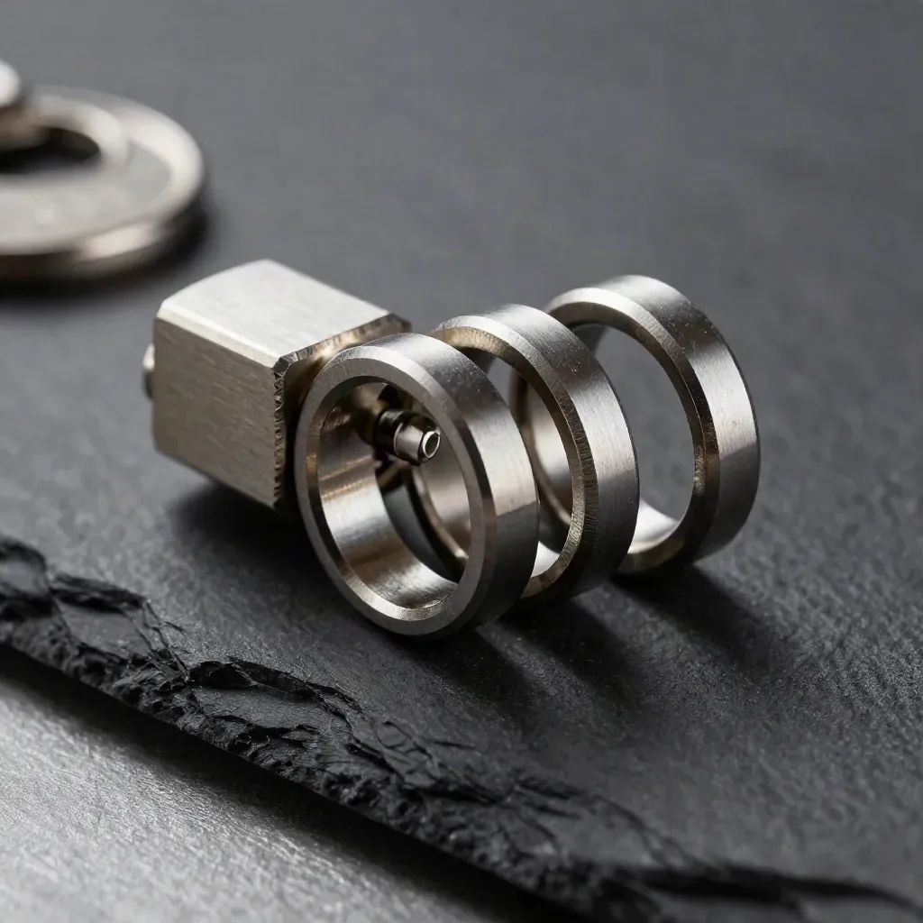 Machined aluminium rings, connector block, and coupling pin on dark slate in dramatic side light.