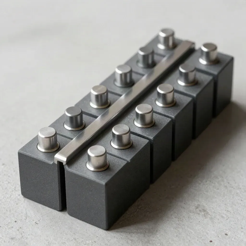 Overhead macro of modular connector blocks and pins on pale concrete, lit by hard upper-left light.