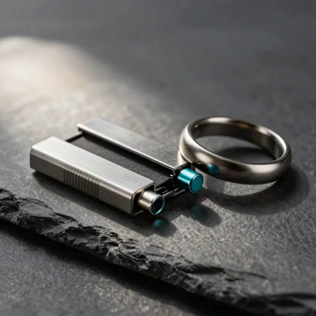 Graphite card holder with linked metal rings and precision connectors on a stone slab.