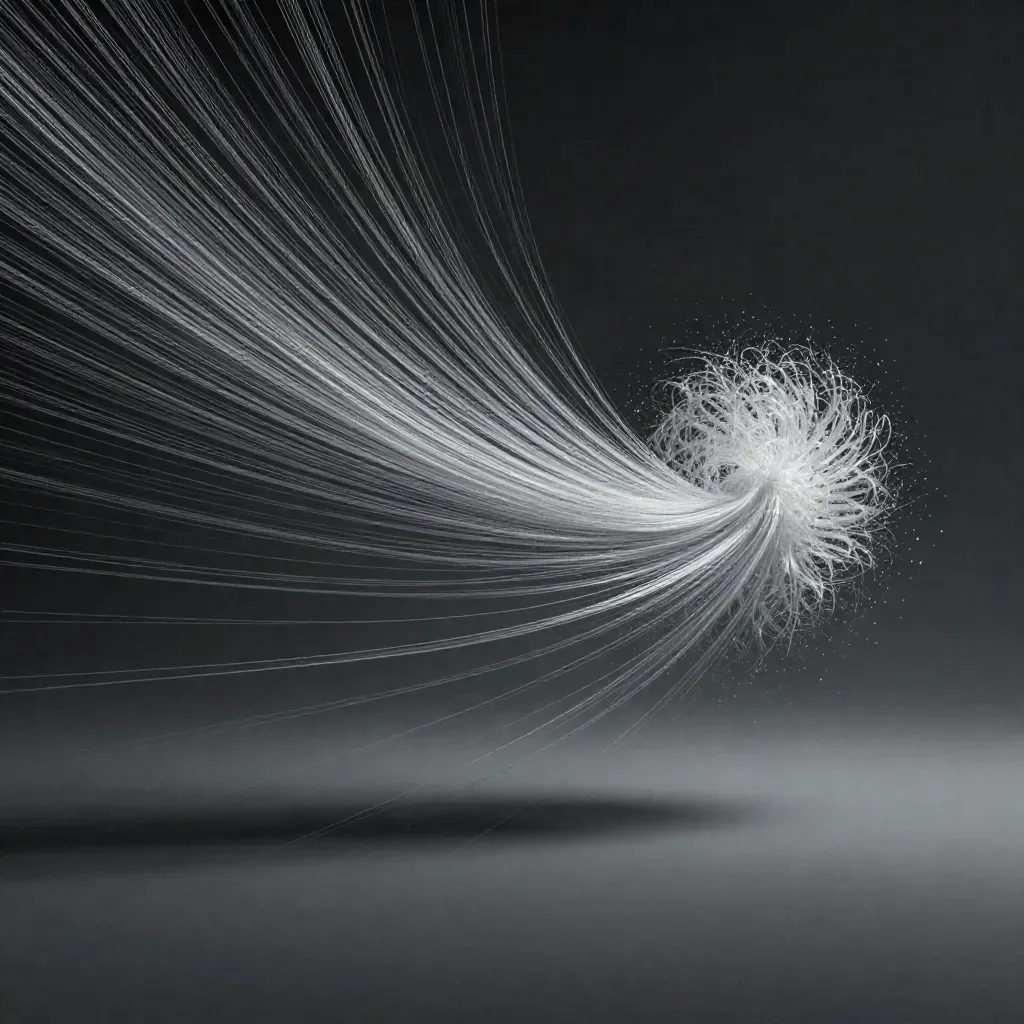 Silver filaments converge into a soft white bloom in a dark graphite haze.